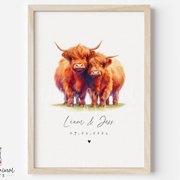 Highland Cow Couple Print • Personalised Valentines Day Anniversary Gift for Husband Wife • Cute Boyfriend Girlfriend Custom Wedding Artwork