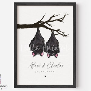 Impresión de pareja de murciélagos • Regalo de aniversario espeluznante personalizado de octubre para esposos y esposas góticas • Obra de arte personalizada linda para novios y novias