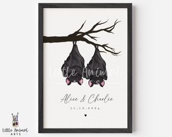 Bat Couple Print • Personalised October Spooky Anniversary Gift Gothic Husband Wife • Cute Boyfriend Girlfriend Custom Artwork