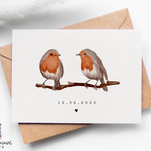 Rotkehlchen Jubiläumskarte | Rotkehlchen Liebeskarte, personalisierte Rotkehlchen Karte, Winterhochzeitskarte, Jahrestag im Dezember, süße Vogelkarten