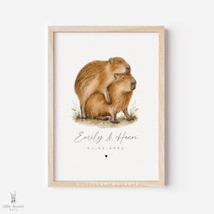 Funny capybara couple personalised print with names and date, romantic watercolour capybara artwork for couples, anniversary gift, wedding gift, husband wife present, two capybaras cuddling on a white background, playful animal couple art