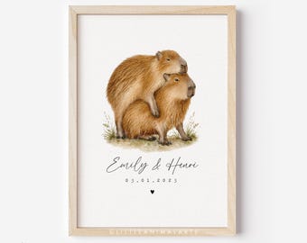 Capybara Couple Print • Personalised Capy Valentines Day Anniversary Gift for Husband Wife • Cute Boyfriend Girlfriend Custom Artwork