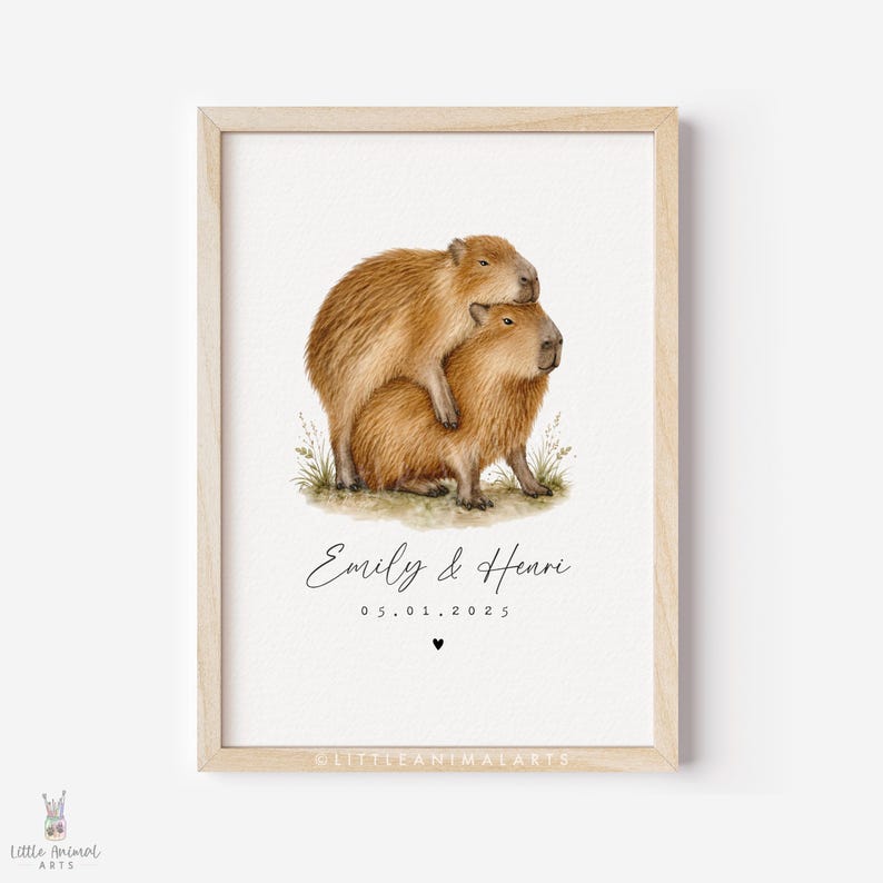 Funny capybara couple personalised print with names and date, romantic watercolour capybara artwork for couples, anniversary gift, wedding gift, husband wife present, two capybaras cuddling on a white background, playful animal couple art