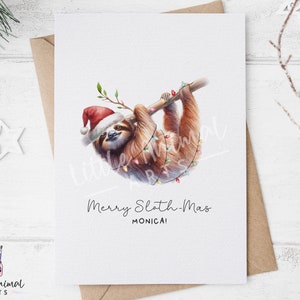 Grappige kerstkaart luiaard • Gepersonaliseerde dierengroet voor hem/haar • Lege aquarelkunstkaart voor luiaardliefhebbers
