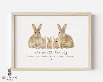 Rabbit Family Print • Custom Bunny Animal Wall Art with Names • Personalised Spring Nursery Gift for Mum Dad Kids Baby Bunny Lovers
