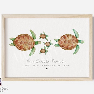 Sea Turtle Family Art Print • Custom Watercolour Sea Animal Wall Art with Names • Personalised Ocean Nursery Gift for Mum Dad and Children