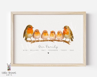 Robin Family Print • Personalised Bird Wall Art with Names • Custom Gift for Mum Dad Grandparents • Mother’s Day Father’s Day Christmas