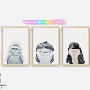 Orca Beluga Whale Shark Digital Art Print Set / imprimir en casa arte de vivero de ballenas oceánicas, obras de arte de animales marinos bebés, decoración de baños para niños