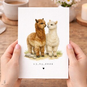 Personalised alpaca couple anniversary card with custom date, romantic animal greeting card for husband, wife or partner, wedding date keepsake card featuring two alpacas in love, luxury fine art printed card on textured cardstock with kraft envelope, cute animal couple illustration for anniversary gift, relationship card, wedding memory card, unique personalised love card for her or him.