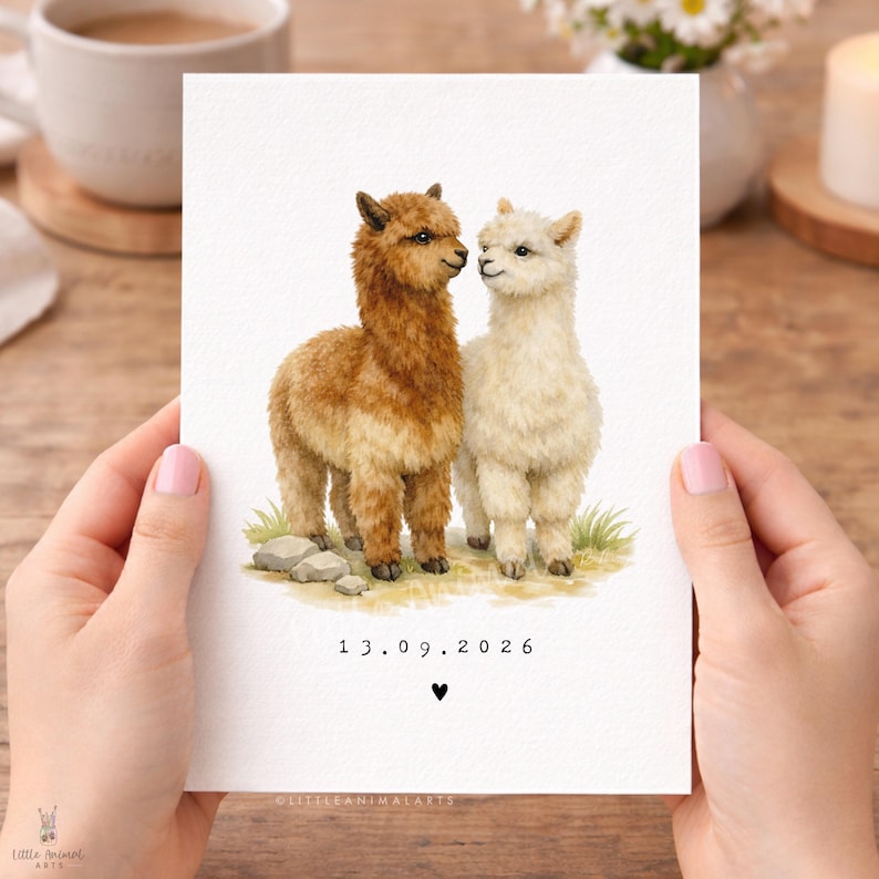 Personalised alpaca couple anniversary card with custom date, romantic animal greeting card for husband, wife or partner, wedding date keepsake card featuring two alpacas in love, luxury fine art printed card on textured cardstock with kraft envelope, cute animal couple illustration for anniversary gift, relationship card, wedding memory card, unique personalised love card for her or him.