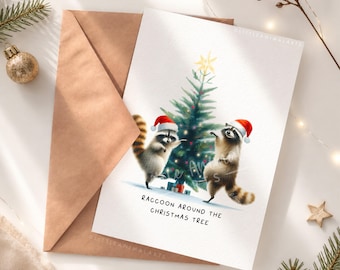 Raccoon Christmas Card - Funny Raccoon Around the Christmas Tree - Cute Animal Xmas Card for Friends Family Couple