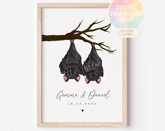 Lámina digital de pareja de murciélagos - Descarga personalizada de aniversario gótico - Arte mural imprimible de Halloween