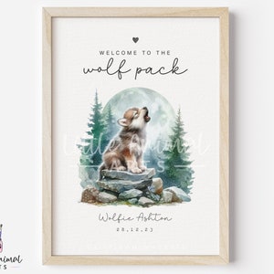 Baby Wolf Pup Druck | Geburtsdetails, Babypartygeschenk, Babywolfdruck, neuer Babydruck, personalisierter Geburtsdruck, Kindergartendruck