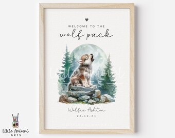 Impresión de nacimiento de cachorro de lobo bebé / impresión con detalles de nacimiento, regalo de baby shower, impresión de lobo bebé, impresión de nuevo bebé, impresión de nacimiento personalizada, impresión de guardería