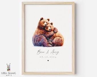Brown Bear Couple Print • Personalised Valentines Day Anniversary Gift for Husband Wife • Cute Boyfriend Girlfriend Custom Wedding Artwork