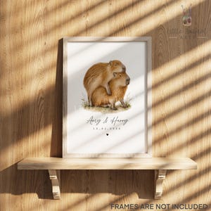 Funny capybara couple personalised print with names and date, romantic watercolour capybara artwork for couples, anniversary gift, wedding gift, husband wife present, two capybaras cuddling on a white background, playful animal couple art