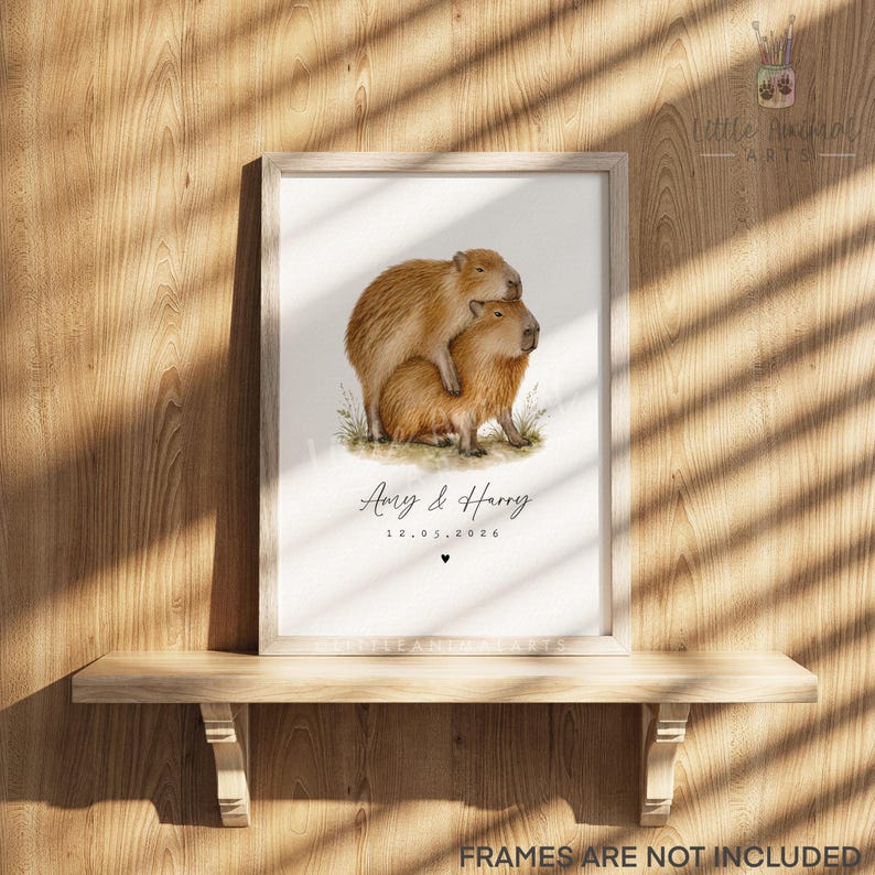 Funny capybara couple personalised print with names and date, romantic watercolour capybara artwork for couples, anniversary gift, wedding gift, husband wife present, two capybaras cuddling on a white background, playful animal couple art