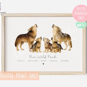 Personalised Wolf Family Digital Print • Custom Howling Wolf Pack Wall Art with Names • Halloween Woodland Decor for Mum Dad Kids