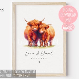 Digitale Highland Cow Couple Art Print • Thuis afdrukken gepersonaliseerd jubileum verlovingscadeau voor haar hem • Afdrukbare speciale trouwdatum