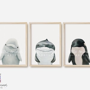 Set di stampe artistiche con orca, beluga e squalo balena • Decorazioni per la cameretta dei bambini con animali dell&#39;oceano • Regalo per la camera da letto dei bambini con delfini e vita marina per ragazzi e ragazze
