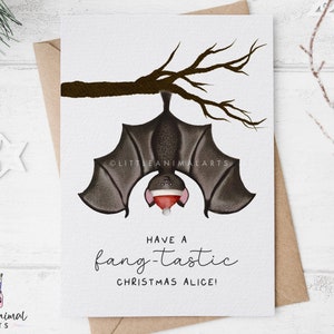 Niedliche Fledermaus Weihnachtskarte • Personalisiertes Gothic Weihnachtsgeschenk • Benutzerdefiniertes gruseliges Geschenk für Tochter Nichte Sohn Neffe