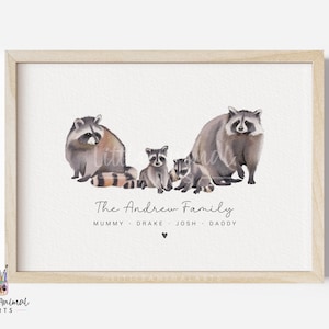 Raccoon Family Print • Personalised Woodland Animal Wall Art • Bespoke Parent Grandparent Gift • Mothers Day Fathers Day Present