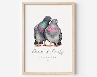 Pigeon Couple Art Print • Personalised Wedding Anniversary Gift Husband Wife • Cute Boyfriend Girlfriend Custom Artwork