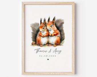 Quadro personalizado com casal de esquilos vermelhos - Presente para amantes de esquilos - Arte com nome do casal - Impressão artística de luxo
