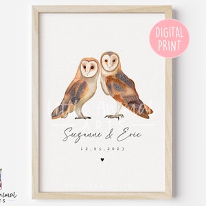 Stampa artistica digitale di coppia di barbagianni • Stampa a casa Regalo di fidanzamento personalizzato per anniversario per lei Lui • Data di matrimonio speciale stampabile