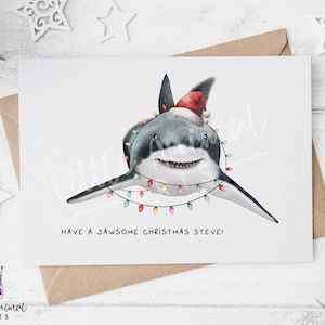 Tarjeta navideña divertida con tiburón • Regalo navideño personalizado con un juego de palabras sobre animales del océano • Presente para él, hermano, papá, tío