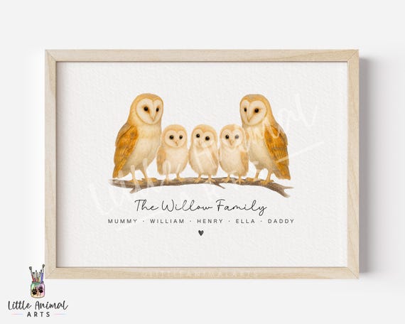 Barn Owl Family Print • Custom Barn Owl Wall Art With Family Names