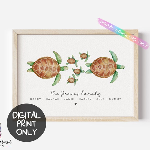 Digital Sea Turtle Family Art Print | print at home personalised ocean animal family wall decor gift for mum dad, custom mothers fathers day