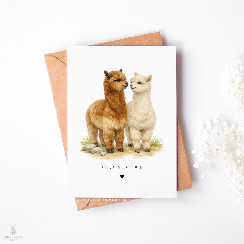 Personalised alpaca couple anniversary card with custom date, romantic animal greeting card for husband, wife or partner, wedding date keepsake card featuring two alpacas in love, luxury fine art printed card on textured cardstock with kraft envelope, cute animal couple illustration for anniversary gift, relationship card, wedding memory card, unique personalised love card for her or him.