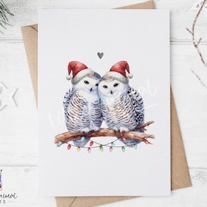 Jolie carte de Noël pour couple chouette des neiges • Cadeaux mari, femme, petite amie, petit ami • Salutation d'animal sentimental personnalisé pour son fiancé partenaire