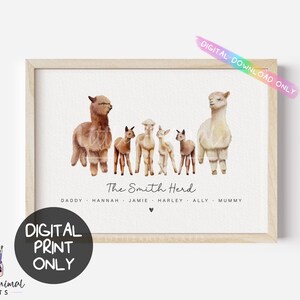 Impression d'art numérique famille alpaga | impression à la maison décoration murale personnalisée de famille d'animaux, cadeau de lama pour papa maman, fête des pères des mères personnalisée