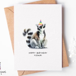 Cartão de aniversário de lêmure • Saudação personalizada de animal em aquarela para ela e ele • Ideias para presentes para amantes de lêmures da selva