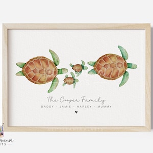 Impresión artística de la familia de tortugas marinas / impresión familiar personalizada, impresión familiar personalizada, impresión de tortuga en acuarela, guardería oceánica, regalos de animales marinos