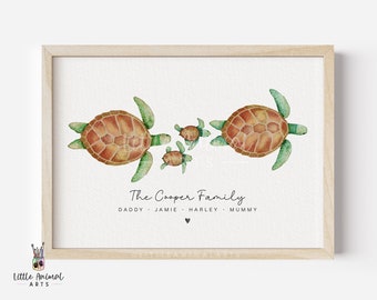 Sea Turtle Family Art Print | personalised family print, custom family print, watercolour turtle print, ocean nursery, sea animal gifts