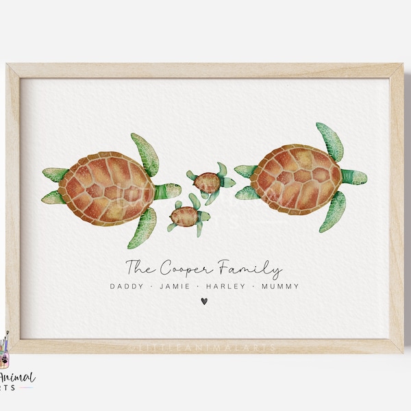 Sea Turtle Family Art Print | personalised family print, custom family print, watercolour turtle print, ocean nursery, sea animal gifts