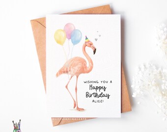 Tarjeta de cumpleaños de flamenco rosa - Saludo personalizado de acuarela para ella y él - Regalo para amantes de las aves para hija y sobrina