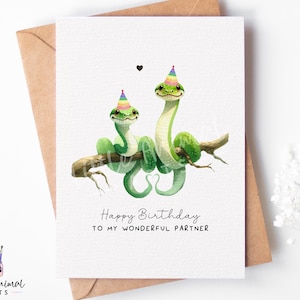 Biglietto di auguri di compleanno con coppia di serpenti carini • Regali di animali personalizzati per lei e lui • Saluto personalizzato con pitone verde per marito, moglie, fidanzato e fidanzata