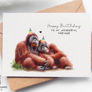 Lustige Orangutang-Paar-Geburtstagskarte • Personalisierte Tiergeschenke für Sie Ihn • Kundenspezifischer Affe, der Mann Frau Freund Freundin grüßt