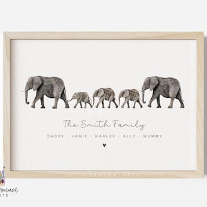 Elephant Family Art Print | animal family print, personalised family print, cute elephant family print, new family home gift, housewarming
