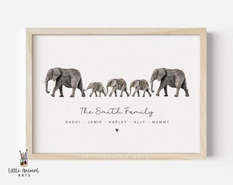 Elephant Family Art Print | animal family print, personalised family print, cute elephant family print, new family home gift, housewarming