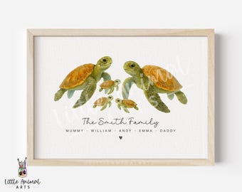 Personalised Sea Turtle Family Watercolour Art Print: Ocean Nursery Decor