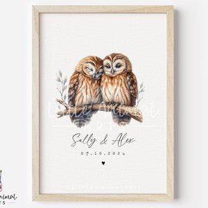 Braunes Eulenpaar Kunstdruck • Personalisierte Hochzeit Valentinstag Jahrestag Geschenk für Mann Frau • Freund Freundin Benutzerdefinierte Kunstwerk