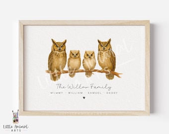 Great Horned Owl Family Print • Custom Forest Bird Wall Art with Names • Personalised Woodland Nursery Gift for Mum Dad and Children