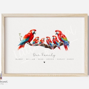 Macaw Parrot Family Print • Personalised Rain Forest Jungle Animal Wall Art • Bespoke Parent Grandparent Gift • Mothers Fathers Day Present