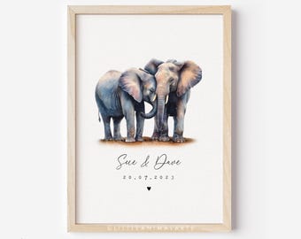 Elephant Couple Print • Personalised Ivory Valentines Day Anniversary Gift for Husband Wife • Boyfriend Girlfriend Custom Wedding Artwork