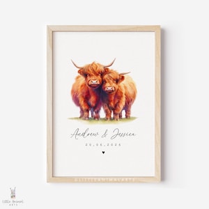 Print Highland Cow-paar • Gepersonaliseerde Valentijnsdag verjaardagscadeau voor man vrouw • Schattige vriend vriendin aangepast bruiloftskunstwerk